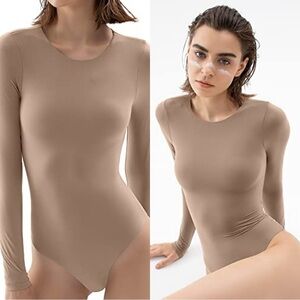 Pumiey Brown Crew Neck Long Sleeve Bodysuit Second-skin Feel Tops in Latte S